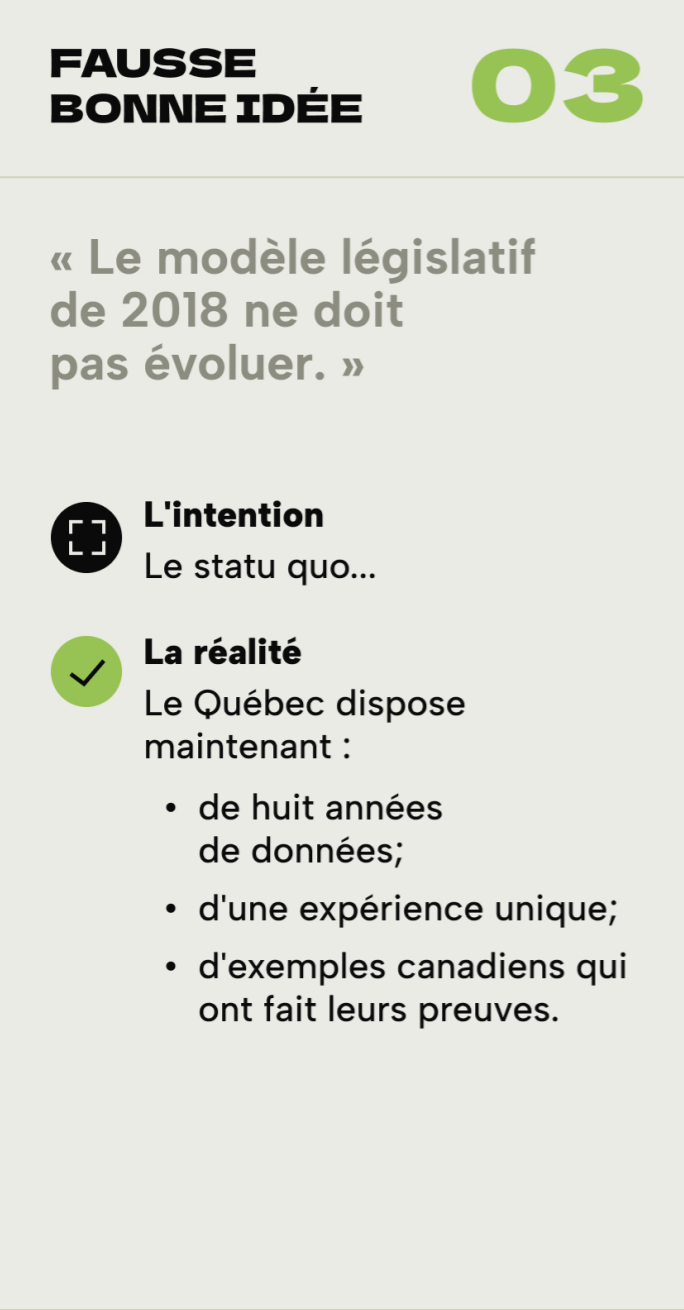 FAUSSE BONNE IDÉE #3 « Le modèle législatif de 2018 ne doit pas évoluer. » L'intention · Le statu quo... La réalité · Le Québec dispose maintenant : o de huit années de données; o d'une expérience unique; o d'exemples canadiens qui ont fait leurs preu